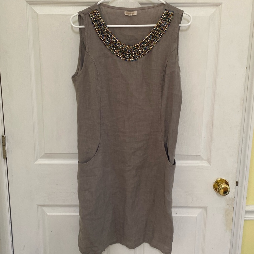 LINA TOMEI Beaded Gray Linen Dress Pockets Stretch Side Panels Sz Medium